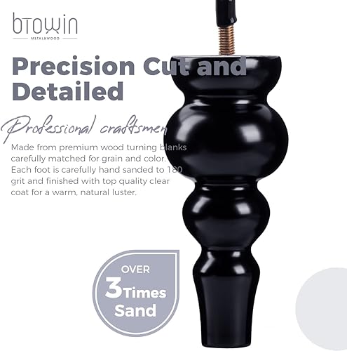 Miniatura 3 de Btowin - Patas de madera maciza de 9 pulgadas, 4 piezas grandes de madera negra torneada con pernos roscados M8 y placa de montaje y tornillos para