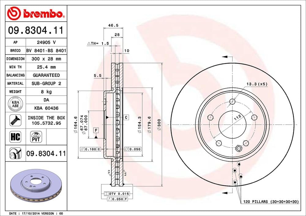 Brembo 09.8304.11 UV Coated Pillar Vented Front Brake Rotor CHRYSLER/MERCEDES-BENZ OE# A2104212212