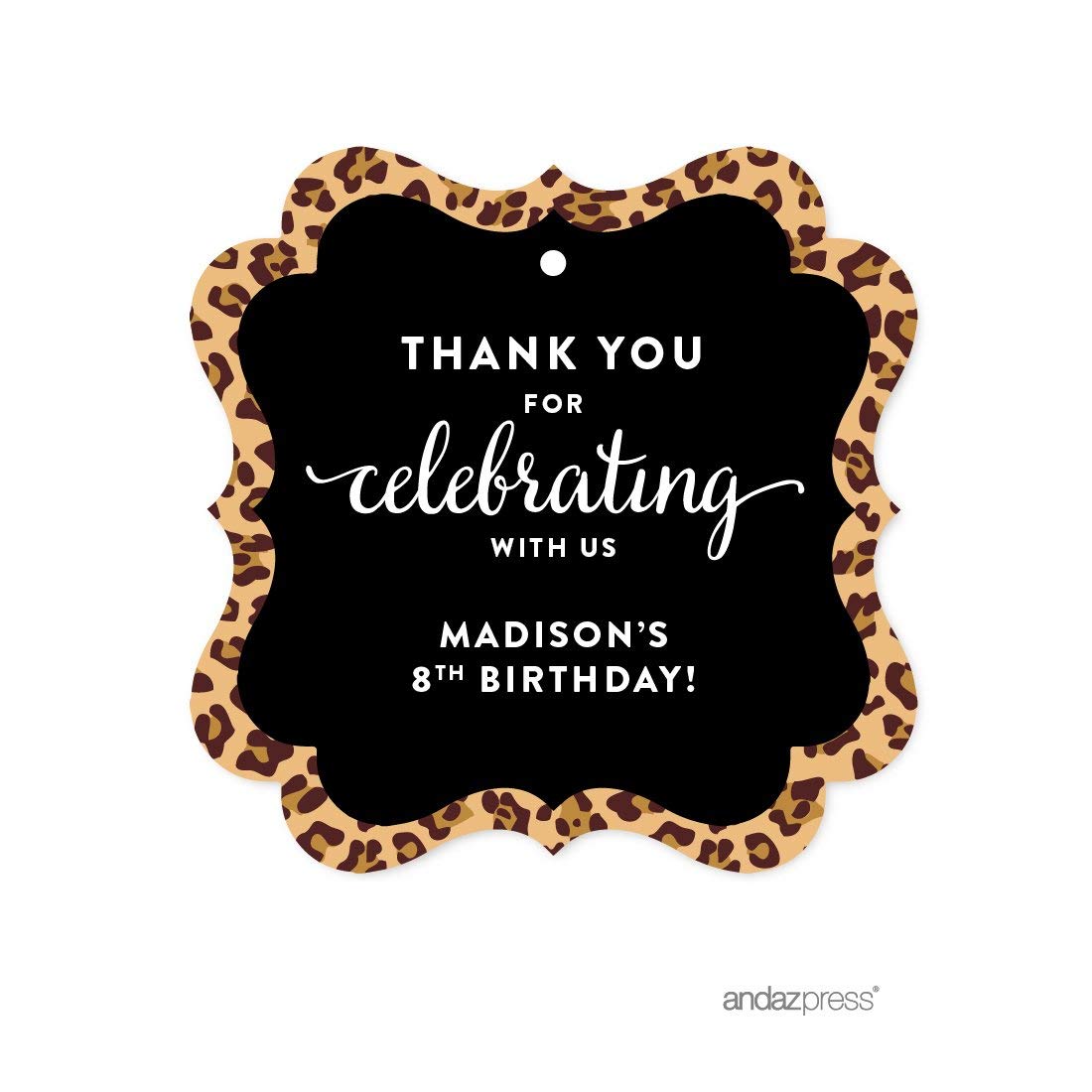 Andaz Press Personalized Birthday Fancy Frame Gift Tags, Thank You for Celebrating with Us, Leopard Cheetah Print, 24-Pack, Custom Name, for Gifts and