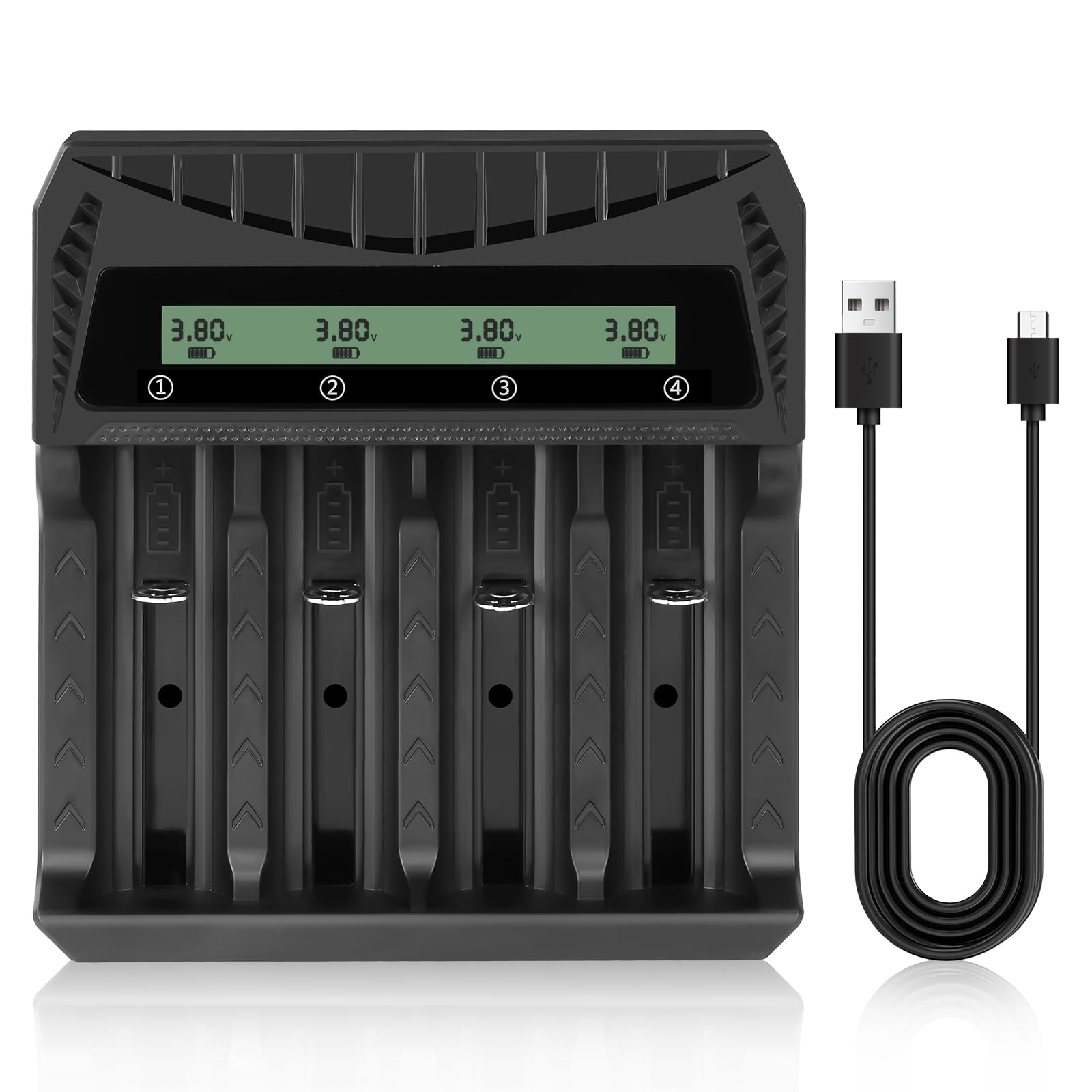 AXFEE Ładowarka akumulatorów 18650, uniwersalna szybka ładowarka do akumulatorów 18650 z wyświetlaczem LCD, 4-gniazdowa ładowarka USB-C do akumulatora, odpowiednia do 21700 26650 16340 18500 14500