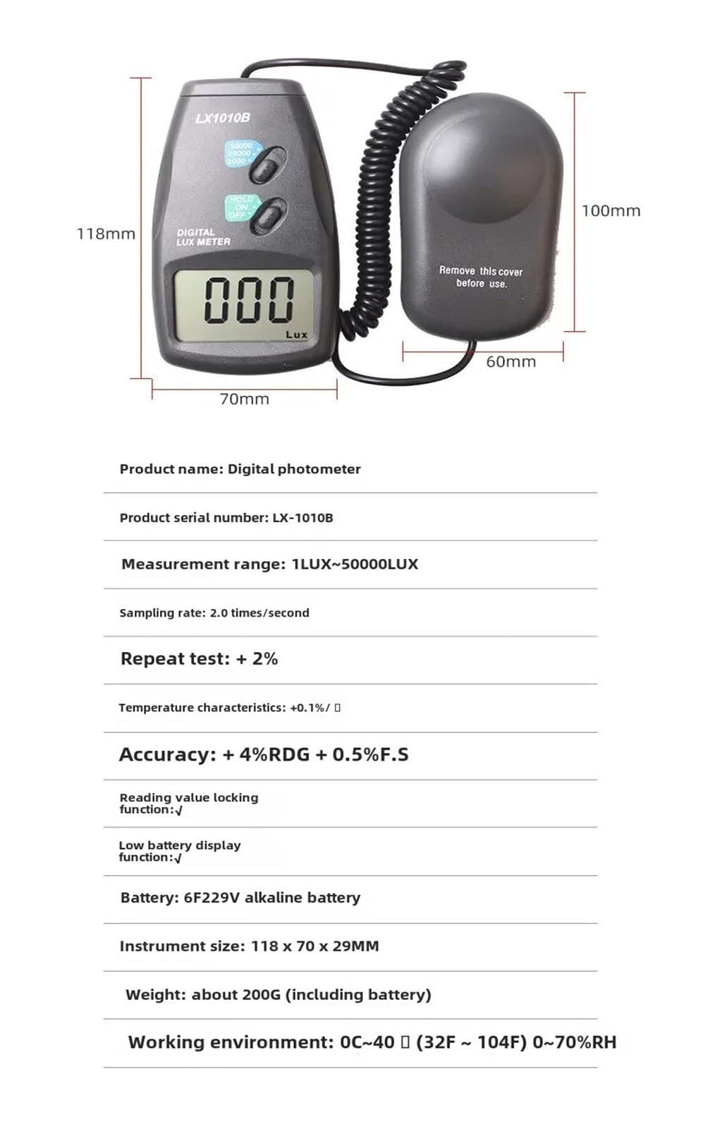 Luxmetro digitale portatile Lx-1010b Strumento fotometrico ad alta precisione for applicazioni di illuminazione Multifunzione