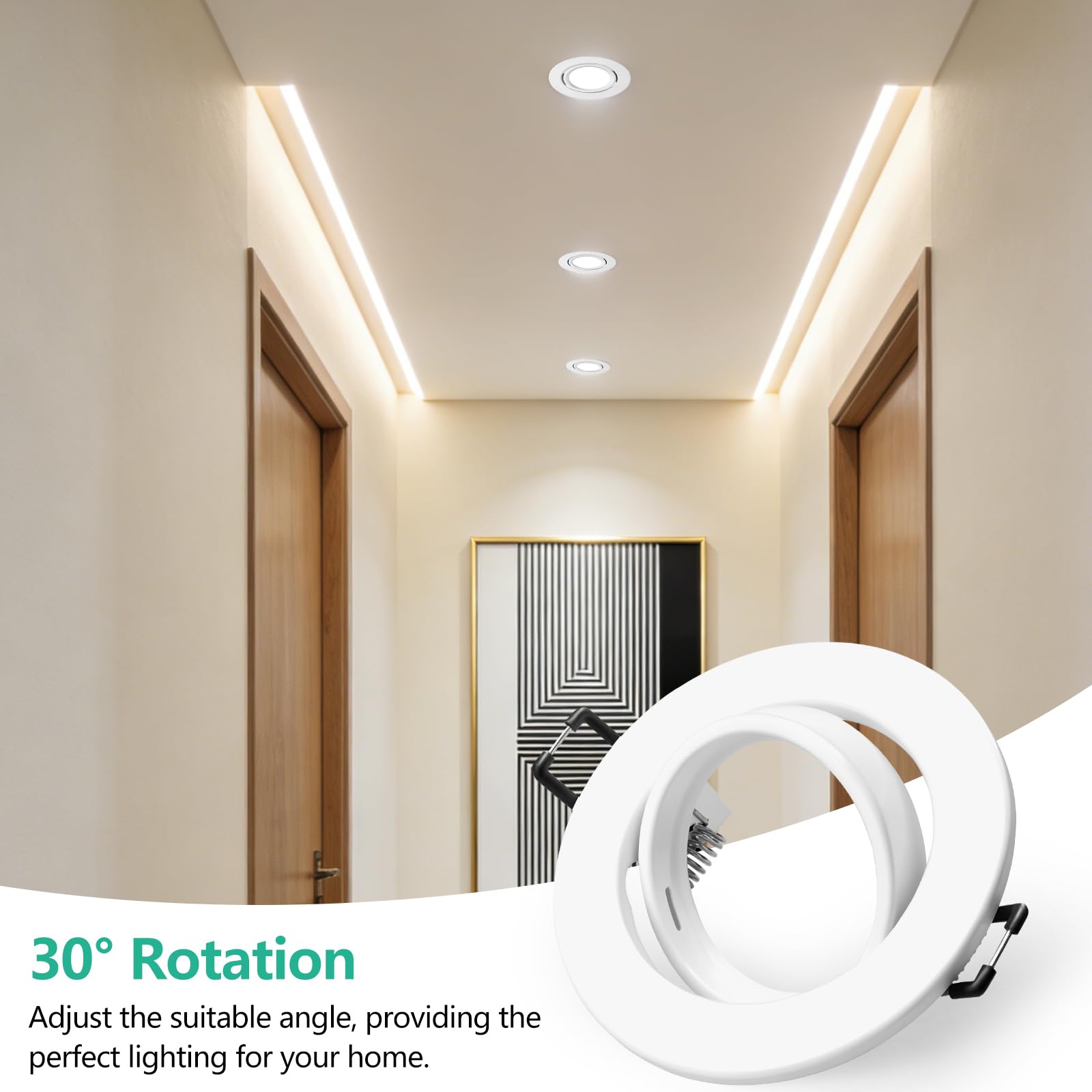Cornice Faretti led da Incasso per Cartongesso, Set di 10 Faretto Incasso Cartongesso, Portafaretto in Gesso Orientabili 30° con Portalampada GU10, per LED e Alogeno, Cornice Portafaretto per Soffitto