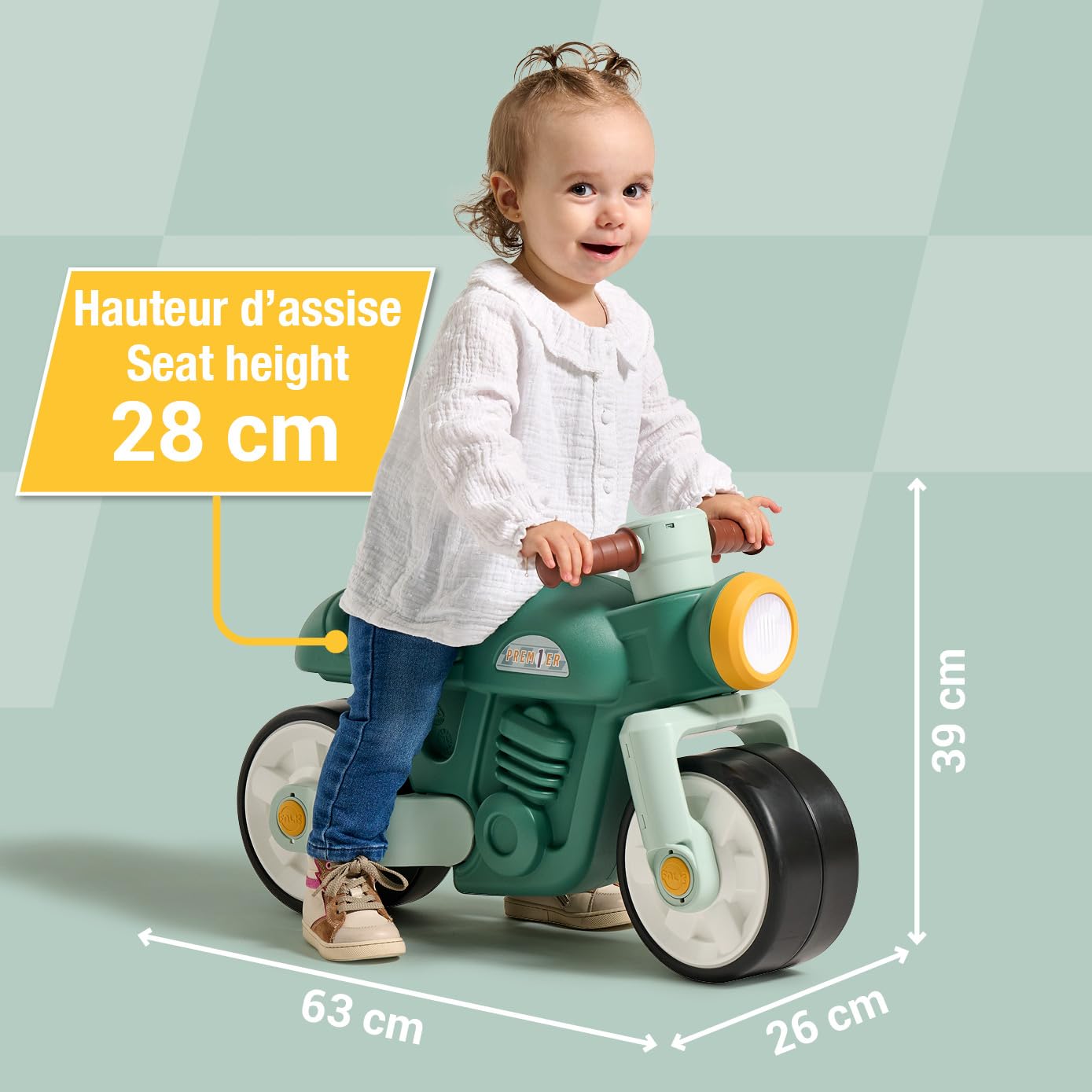 FALK - Draisienne Moto Prem1er - Verde - Ruote extra larghe e silenziose - Manubrio direzionale - Look Vintage - Contiene almeno il 75% di plastica riciclata - Made in France - Da 12 mesi - 451S | Ruote extra larghe e silenziose, contiene almeno il 75% di