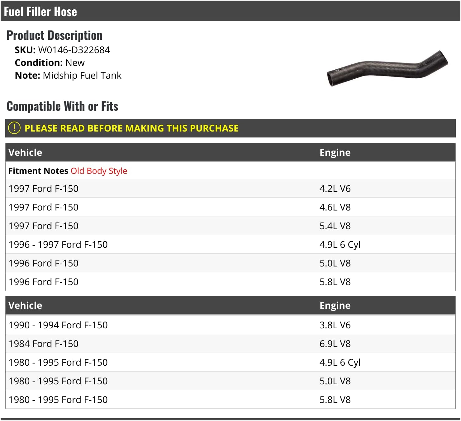 Marketplace Auto Parts Fuel Filler Hose - Compatible with 1980-1997 Ford F-150 (Midship Tank)