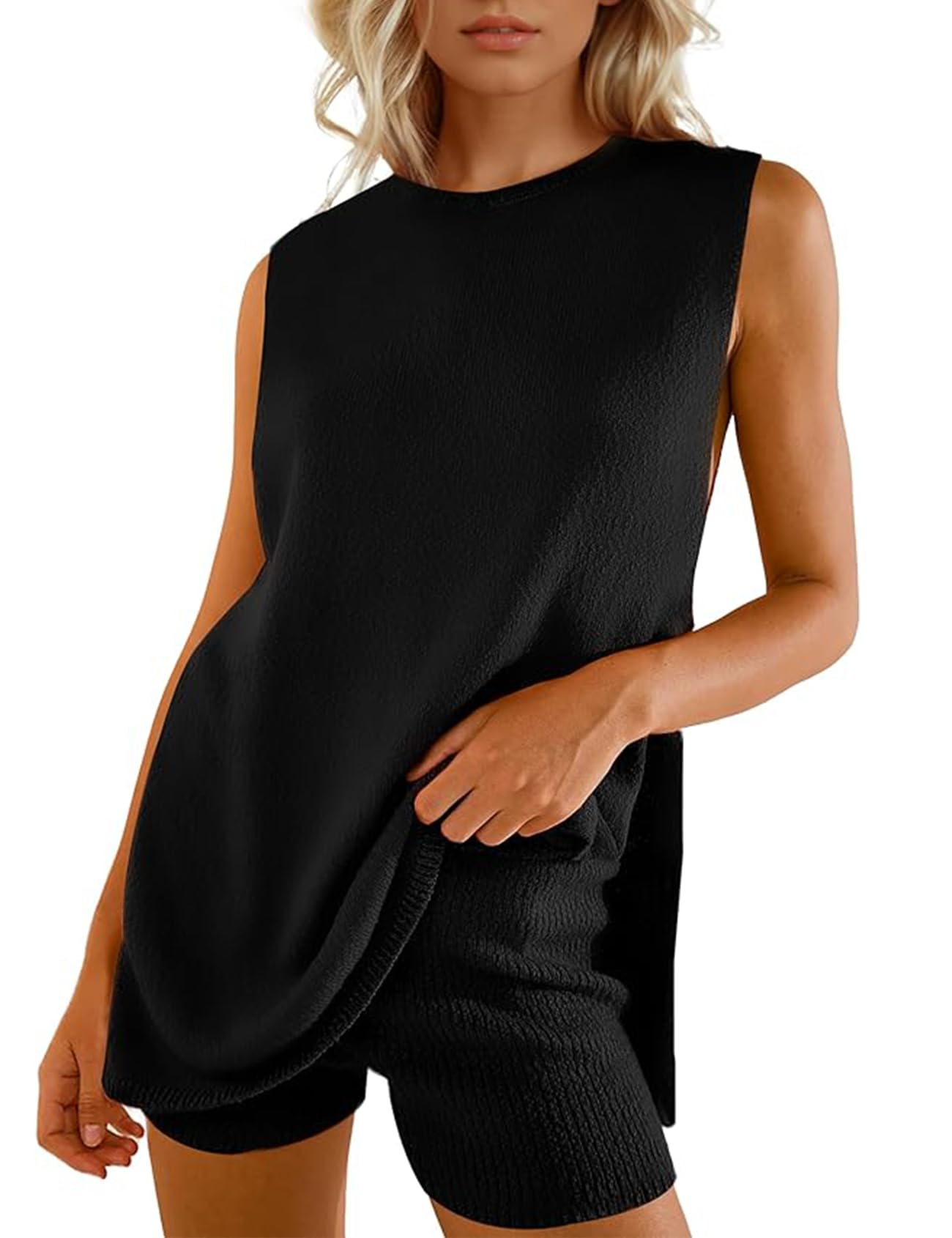 Photo 1 of Wyeysyt Women's Summer Sweater Set Sleeveless Tunic Top and Shorts 2 Piece Outfits Beach Vacation Sets Tracksuits(Black-L)