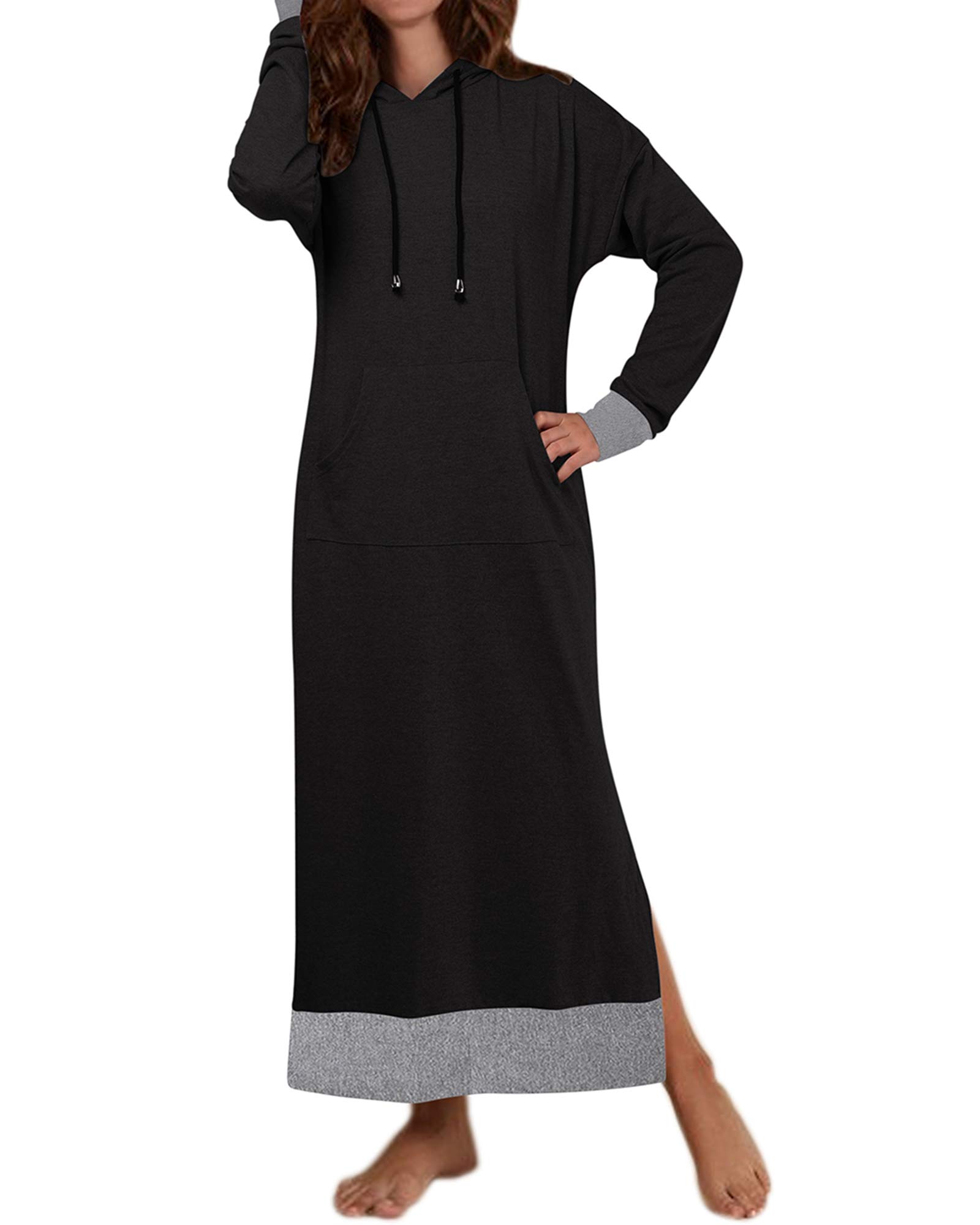 JacansiWomen's Long Sleeve Solid Loose Hooded Sweatshirt Maxi Dress with  Pocket