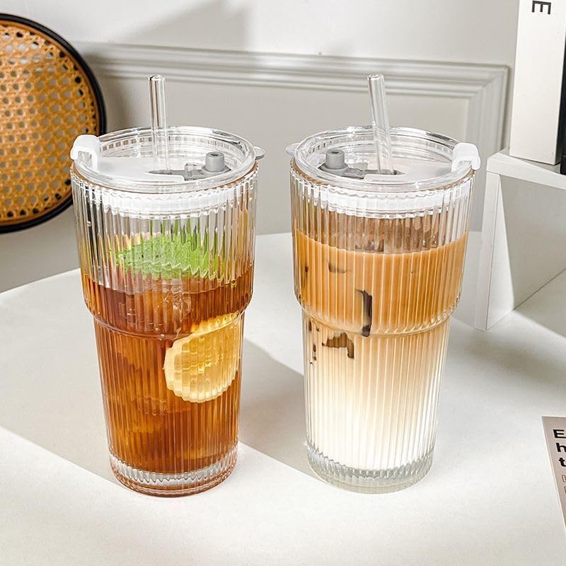 20oz Glass Cups with Lids and Straws,Glass Coffee Cups,Iced Coffee Cups with Lids, Smoothie Cup,Tumbler for Whiskey,Cocktail,Juice,Tea,Latte, 2 PCS - Image 4