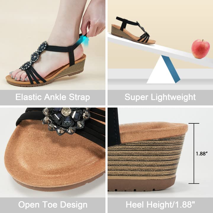 Image of HARENCE Wedge Sandals for Women Dressy: Comfortable Elastic Ankle Strap Low Heel Open Toe Flower Summer Shoes