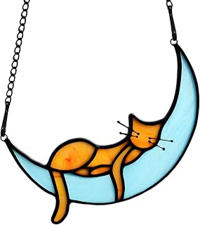 BOXCASA Orange Cat Suncatchers Handcrafted Stained Glass Window Hanging - Moon Phase Memorial Gifts for Cat Lovers,Birthday,Christmas Day, for Women,Mom