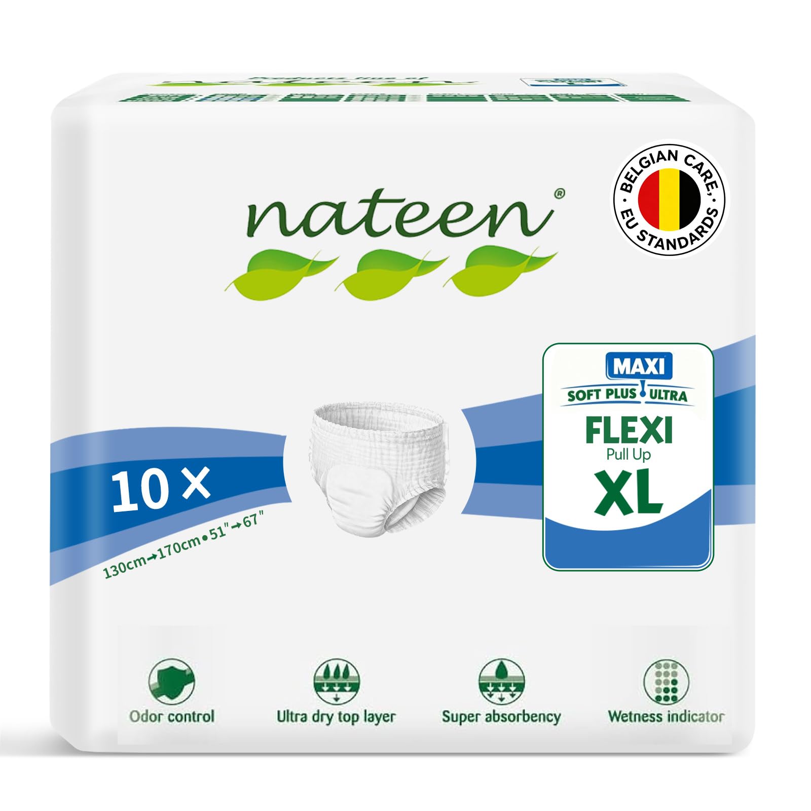 Nateen Flexi Maxi Adult Diapers Pants,Incontinence Night Time Pull Up,Extra Large,Waist Size 130-170cm,10 Count Adult Pull Ups,Superior Comfort,Excellent Combination of Protection. (10 Count)