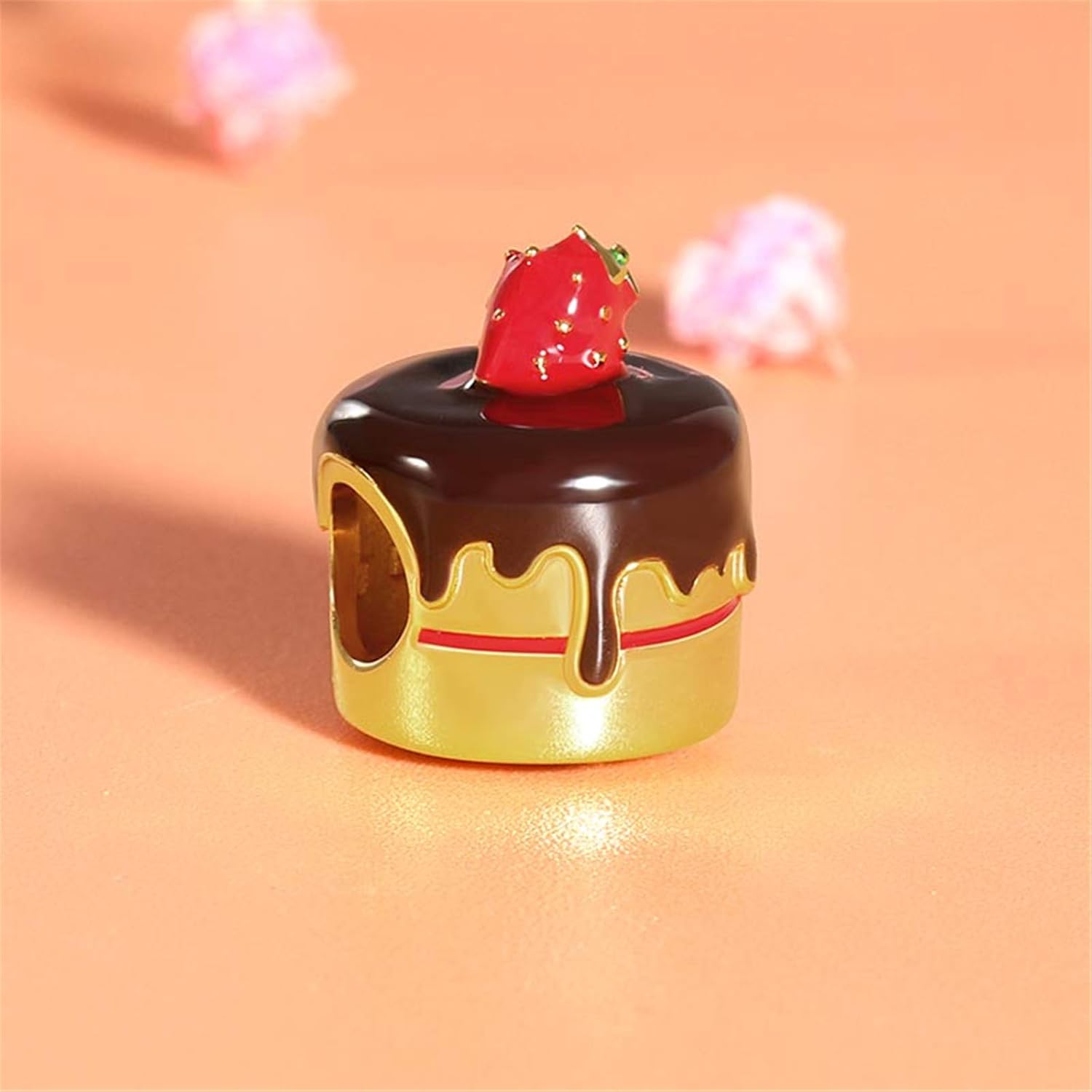 GNOCE Strawberry Chocolate Cake Charm Bead Sterling Silver 18k Gold Plated Food Charm Bead Fit Bracelet/Necklace Christmas Gift for Women Wife