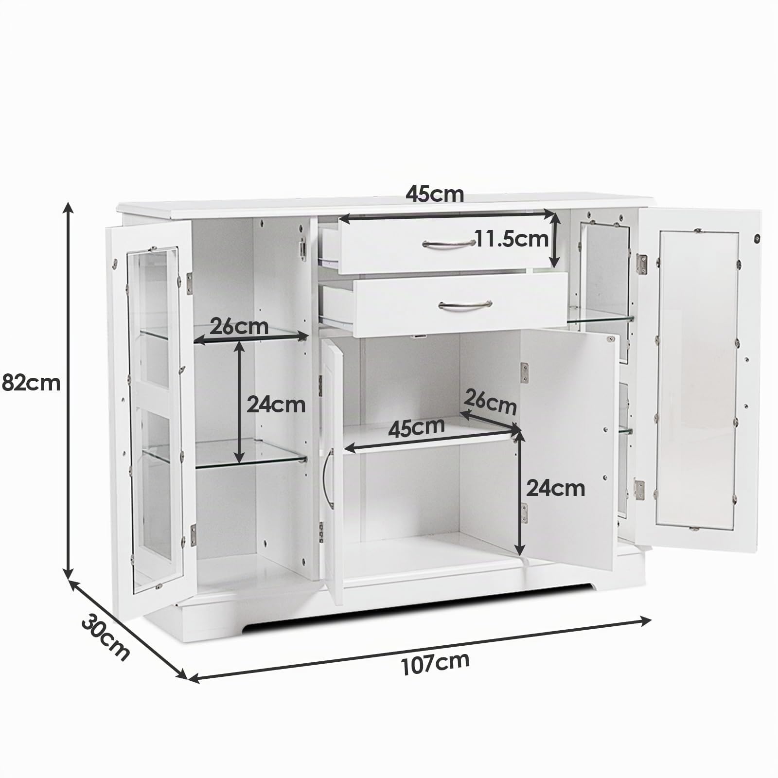 GYMAX Credenza per Cucina, Mobile di Stoccaggio per Cucina con Porte e Ripiani, 2 Vetrine in Vetro per Sala da Pranzo, Corridoio, Ufficio 107 x 30 x 82 cm