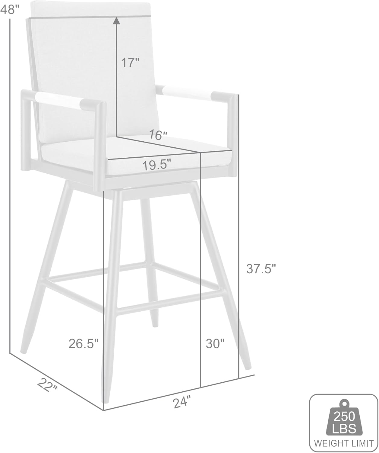 Armen Living Crown Outdoor Patio Swivel Bar Stool in Black Aluminum with Wood Accent and Dark Gray Cushions