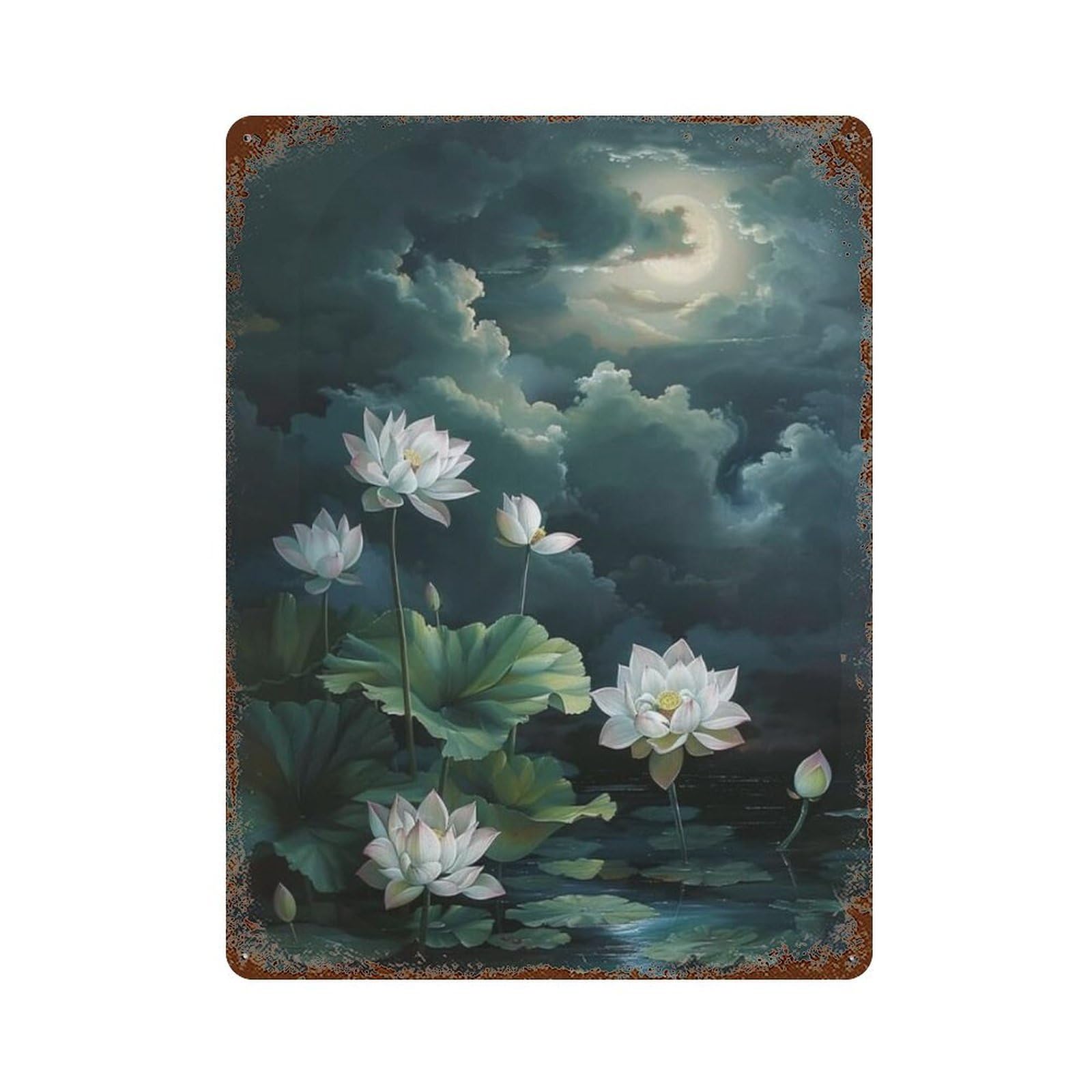 xiaoxiaoshen Still Life White Lotus Plant Pond Nature Wall Decor Art Metal Tin Poster Modern Home Decor Art Home Bar Shop Decorations Vintage Sign 40x30cm