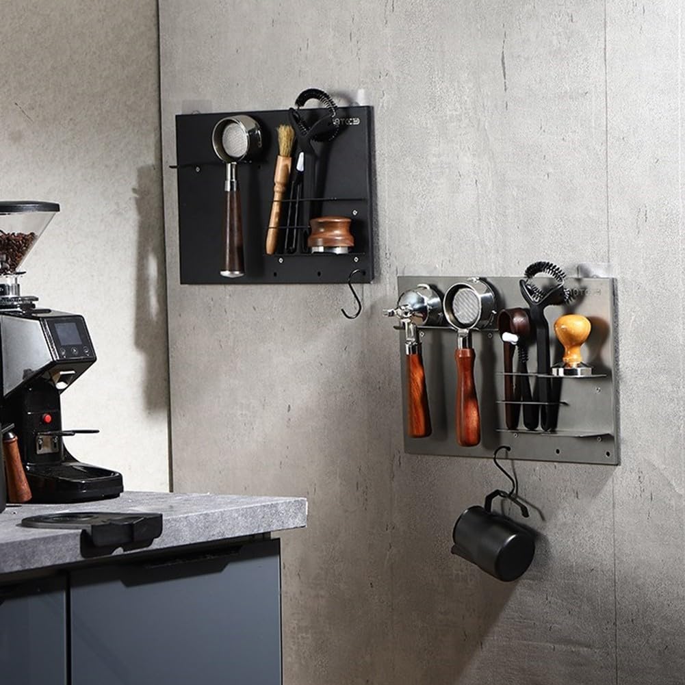 Stabiler Espresso-Siebträger aus Metall, Wandhalterung, Kaffee-Griff, Aufbewahrungsregal, multifunktionales Kaffee-Utensilien-Aufbewahrungsregal (schwarz)