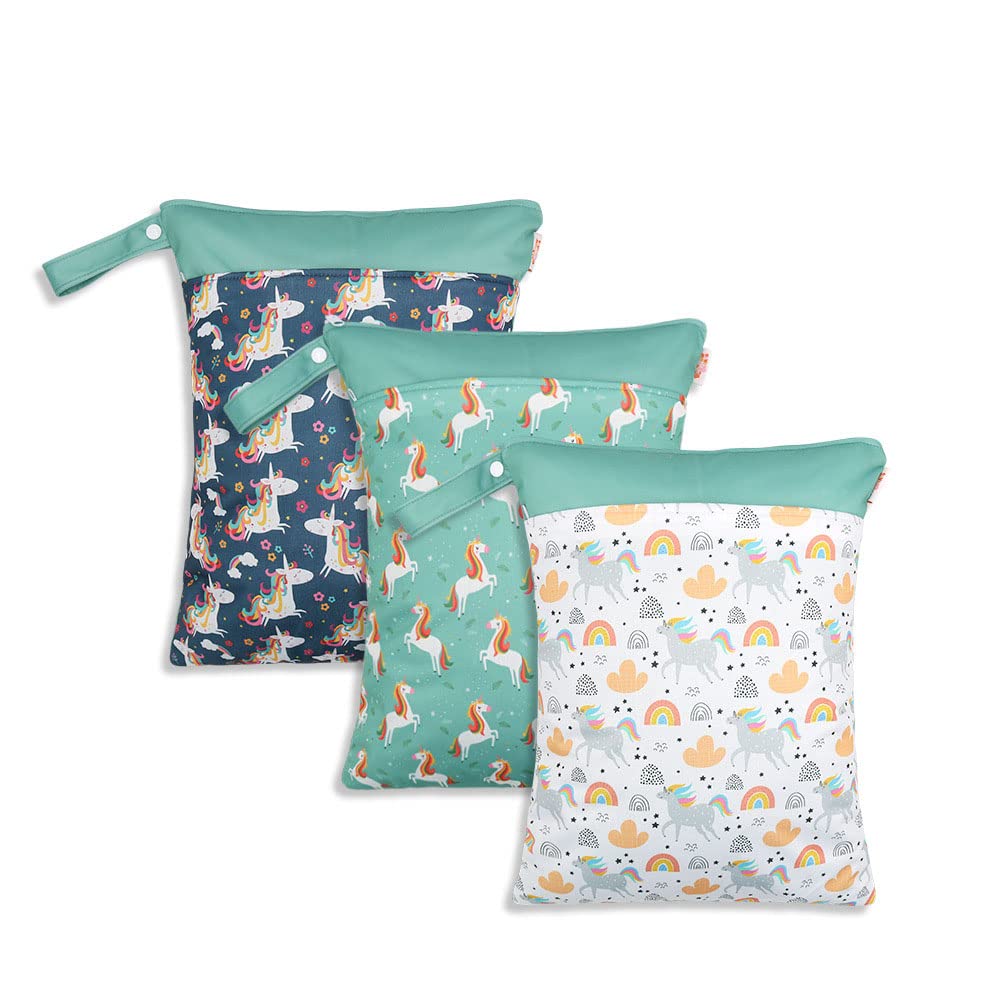 Treer 3 PCS Wet Bag Baby Cloth Diaper Bag Nappy Bag, Large Washable Reusable Hanging Double Zipper Waterproof Wet or Dry Organizer Bag for Daycare Travel Beach Pool (Green Unicorn,30x40cm) — image 1