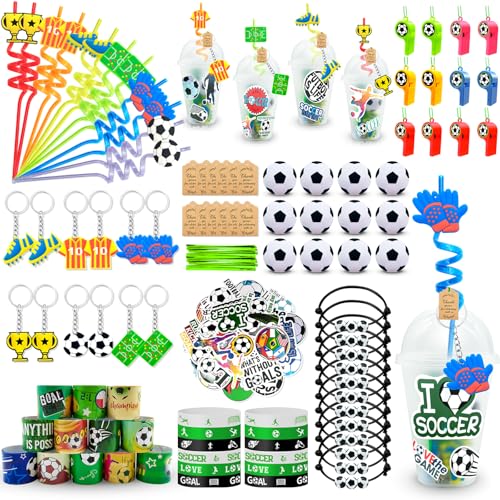 EUDHYAC 208 Pcs Soccer Party Favors, Soccer Birthday Party Supplies with Cups Straw Stress Ball Keychain Slap Bracelets Whistles Stickers Thank You Tags for Soccer Party Decorations Supplies (Soccer)