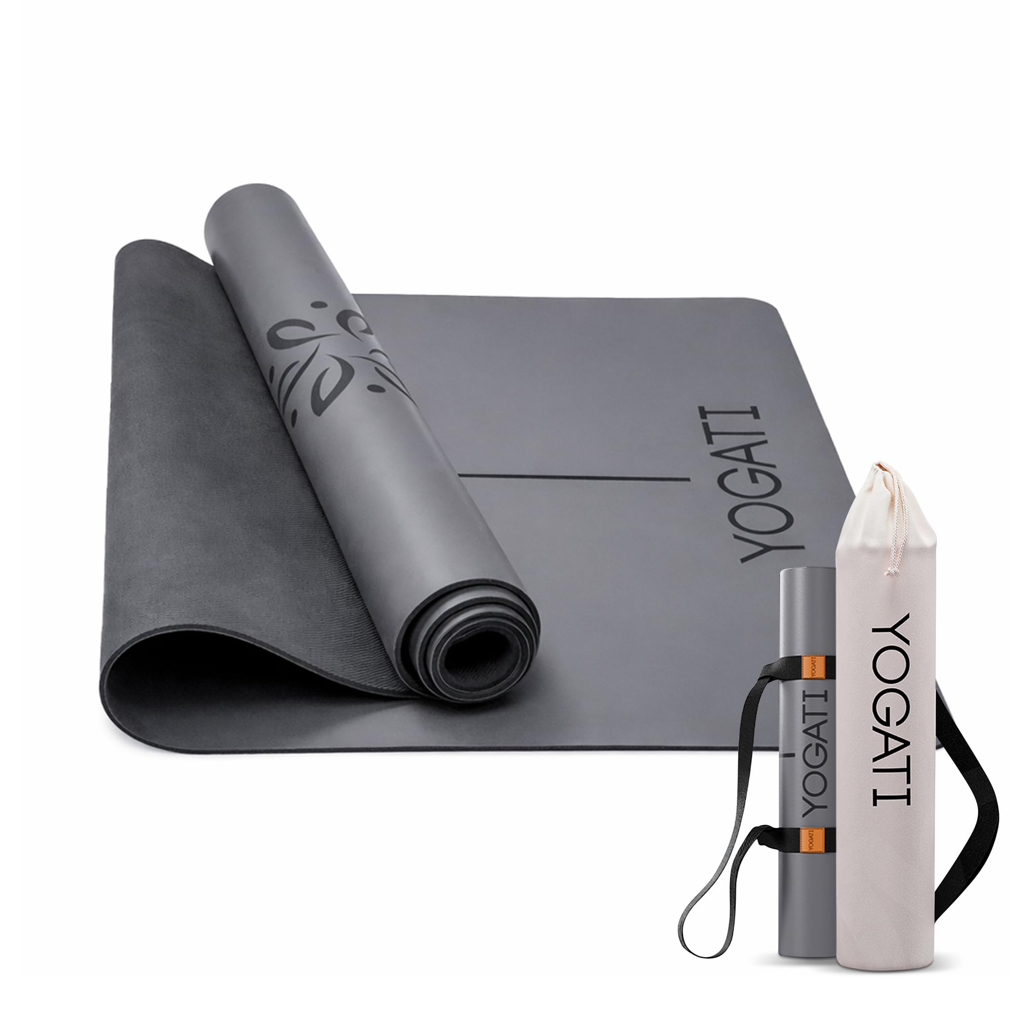 YOGATI® Rubber Yoga Mats for Women | Non Slip Yoga Mat with Alignment Lines. Pilates Mat with Bag and Carry Strap ideal for Fitness and Gym. Large Exercise Mat for Home Workout.