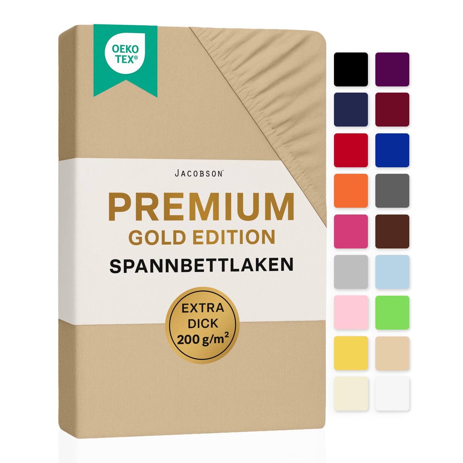 Jacobson Premium Spannbettlaken 200 g/m² Jersey Baumwolle mit Elasthan (90x200-100x200 cm, Beige) 90x200 - 100x200 cm Beige