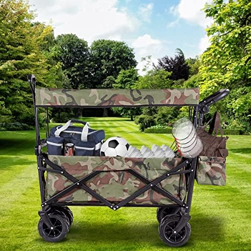 TANGZON Foldable Wagon Cart, Collapsible Garden Trolley Handcart with Removable Canopy, Adjustable Handle, Big Wheels & Front Pocket, Utility Transport Trailer for Camping Shopping Sport (Camouflage)