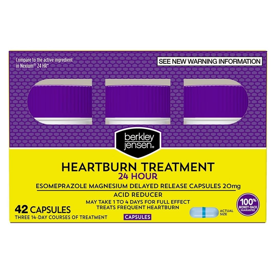 berkley jensen Esomeprazole Magnesium Delayed Release Capsules 20 mg - Acid Reducer, Frequent Heart Burn or Acid Reflux Medicine - Safe and Effective for 24-Hour Heartburn Relief - 42 Capsules