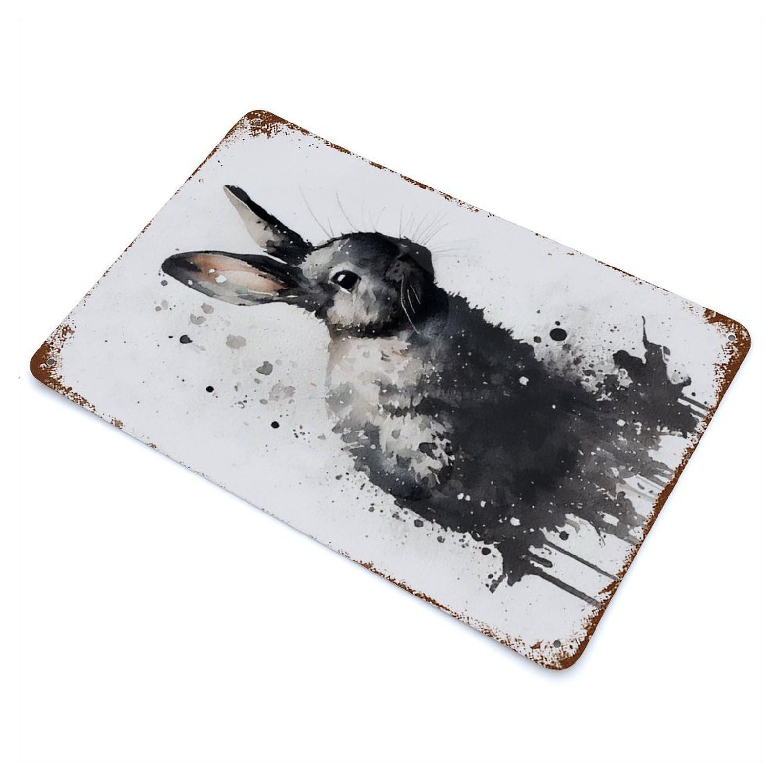 Weathered Tin Sign with Rabbit Watercolors Design 11.8"x7.9", for Basement, Hobby Room And Garage Decor, Industrial Home Decor