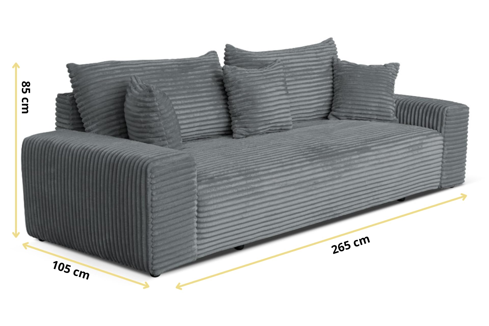 Cordo Schlafsofa 265×150 cm mit Bettkasten – Cord Sofa TILIA Breitcord, SoftTouch Komfort, 3-Sitzer Couch, abnehmbare Kissen, Easy Clean & Pet Friendly (Grau)