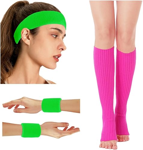 v28 Juego de calentadores de piernas de neón para mujer, diadema, muñequeras de los años 80 y 90, color rosa, para correr, paquete de disfraces de
