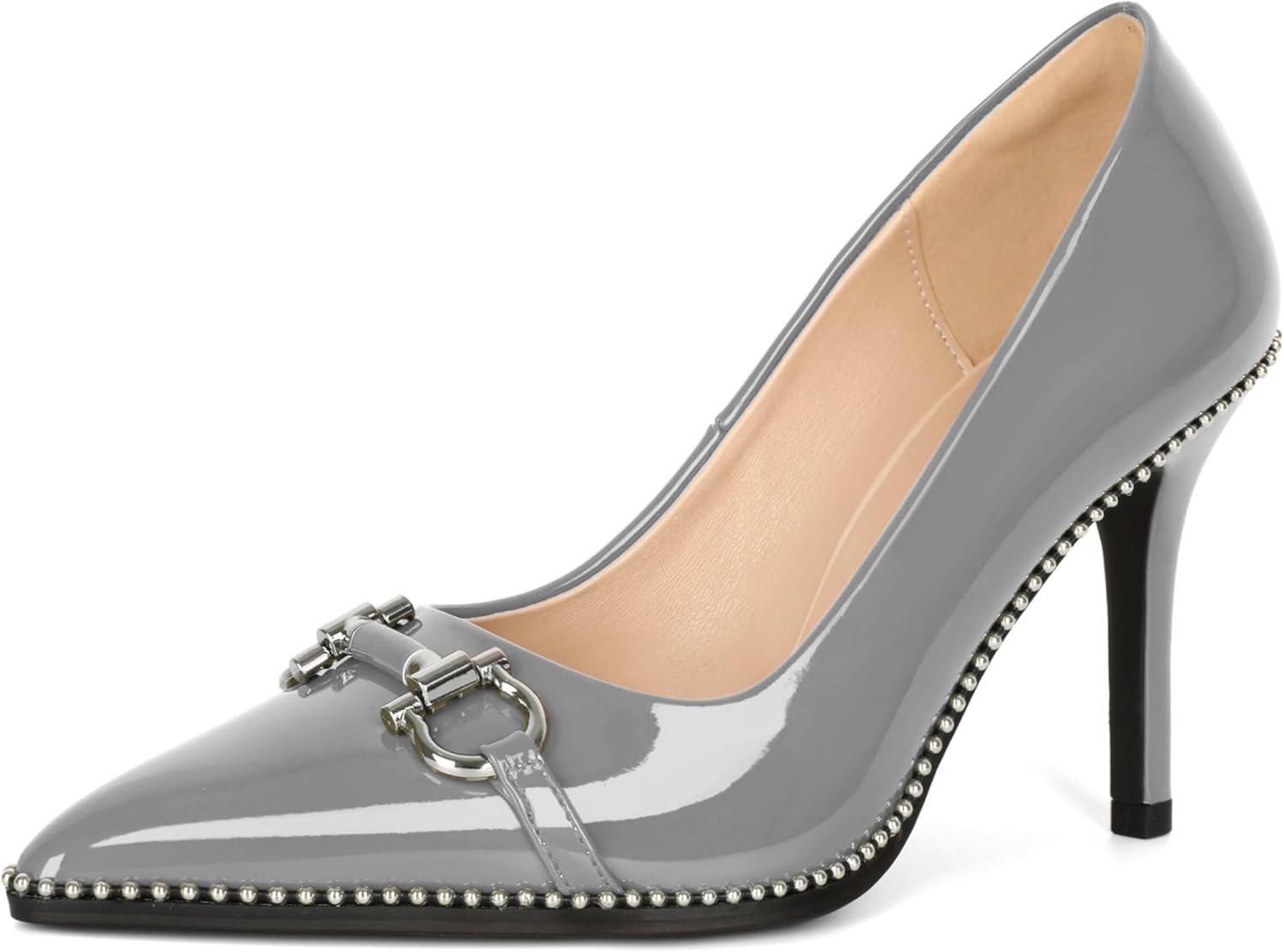 Soireelady Womens High Heel Beaded Pumps Closed Pointed Toe Stiletto Heels Buckle Bow Slip On Fashion Dress Shoes Patent 3.5 Inch