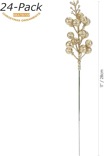 Miniatura 2 de Sea Team Paquete de 24 adornos artificiales de ramas de bayas de acebo con purpurina, palitos de frutas decorativos, tallos brillantes, púas, ramas