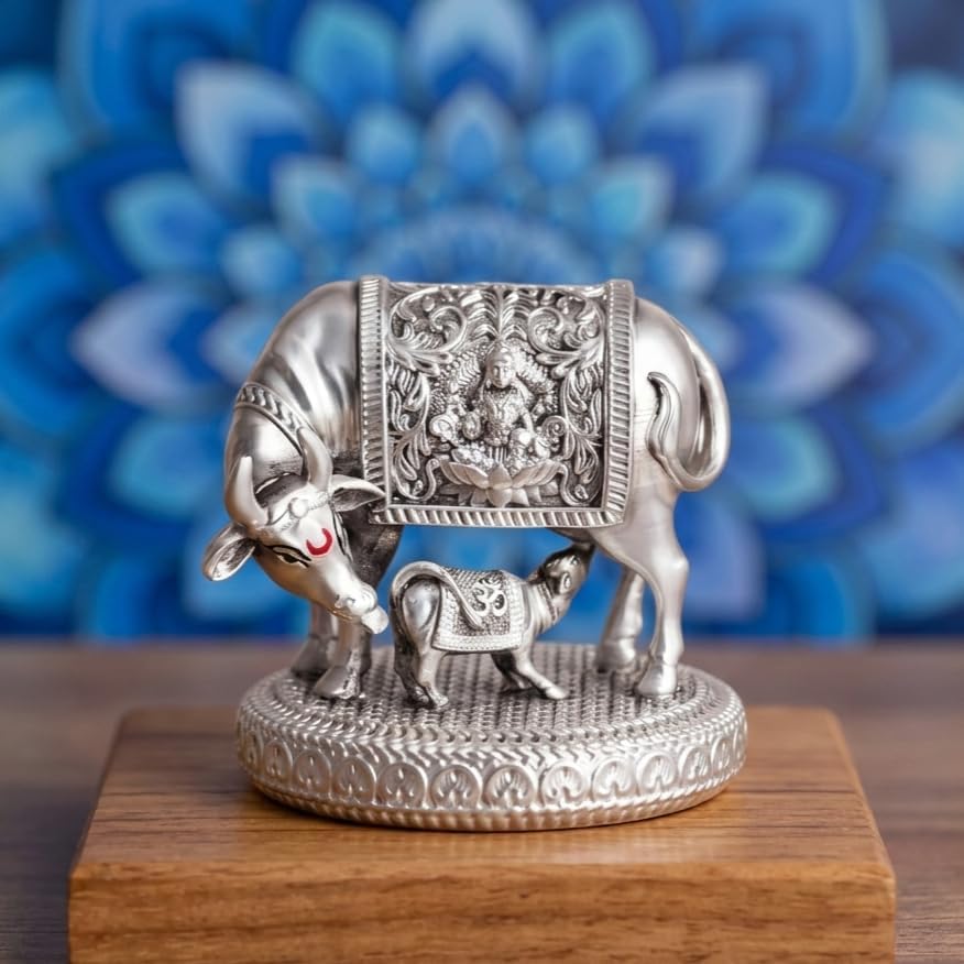 Image of ARNAVIRA 999 Silver Plated Antique Vastu Kamdhenu Cow with Calf Idol with Lakshmi Remedy for Wedding & Housewarming Gift | Pooja Room Height 4.5 Inch (Silver Antique, Large, Kamdhenu Cow 01)