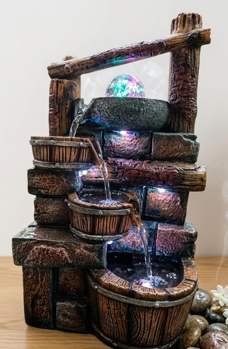 Wood Pot Design LED Water Fountain Polyresin Multi-Tier Pot Theme Cascading Showpiece for Living Room, Home Decor, Gifting-image-29