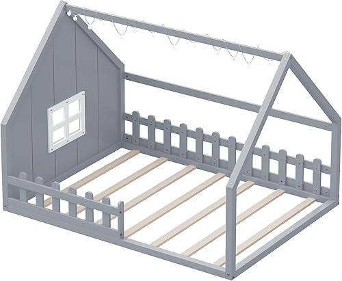 Miniatura 5 de Merax Cama de madera de tamaño completo con ventana y valla, marco de cama matrimonial para adolescentes, niños y niñas, gris