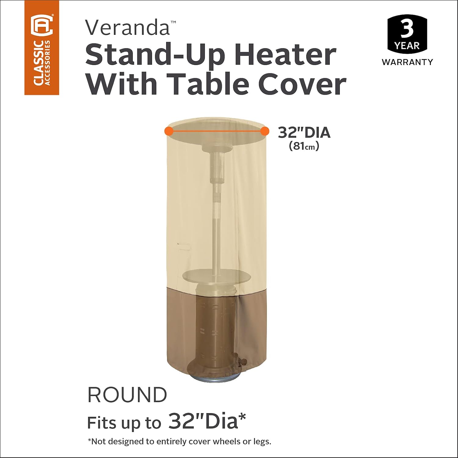 Classic Accessories Veranda Water-Resistant 32 Inch Round Stand-Up Patio Heater Table Cover, Outdoor Table Cover
