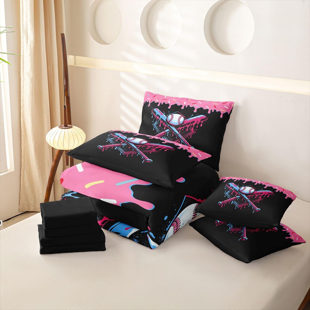 Loussiesd Juego de funda de edredón de béisbol tamaño Super King de 7 piezas, ropa de cama para niños y niñas, juego de cama con funda de edredón, sábanas, fundas de almohada, fundas de cojín