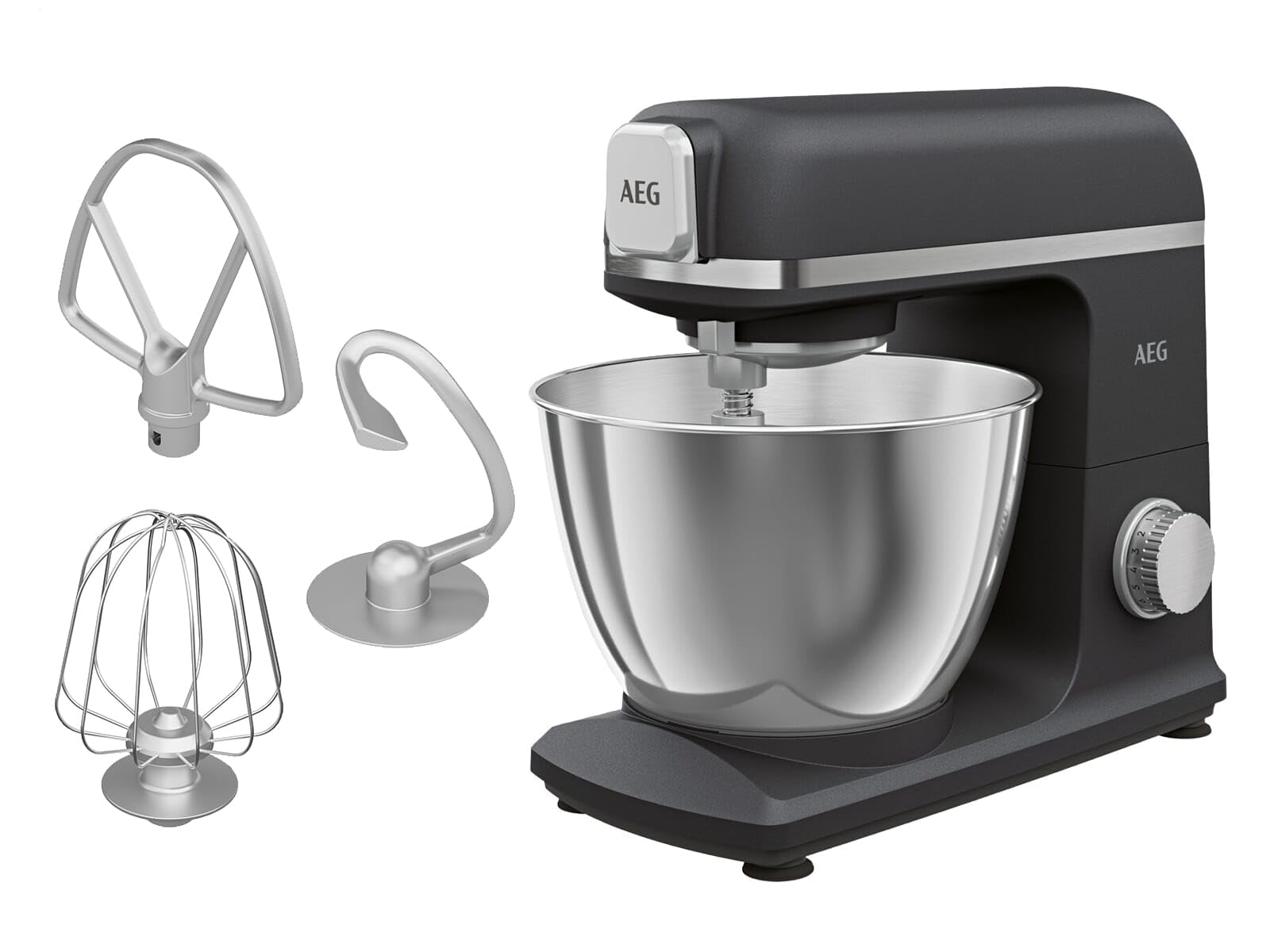 AEG KM5-1-4BPT Robot da cucina / + accessori / 1200 W / 6 velocità/funzione impulsi/agitatore planetario / 6,1 kg/alloggiamento in metallo/ciotola di miscelazione da 5 l/nero opaco