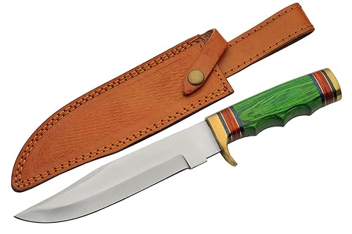 SZCO Supplies 203460 Cuchillo de caza al aire libre con mango de madera con funda de cuero, verde, 12.75 pulgadas de longitud