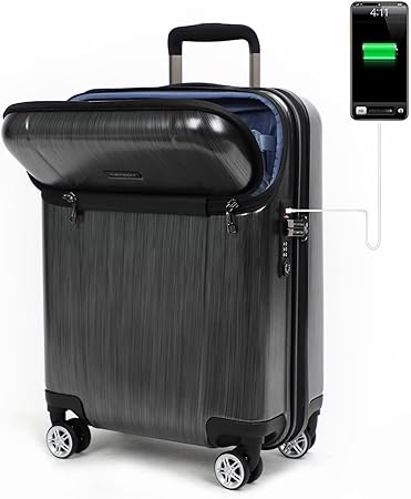 review NEWCOM Hardside Carry On Luggage Front Opening Suitcase With USB Charging Port, TSA Lock, double wheel 20-inch gray