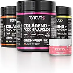 Kit 3 Colágenos Hidrolisados com Verisol Ácido Hialurônico Biotina Suplemento Nutricional Firmeza da Pele + Creme Facial Resveratrol para o Dia Renova Be