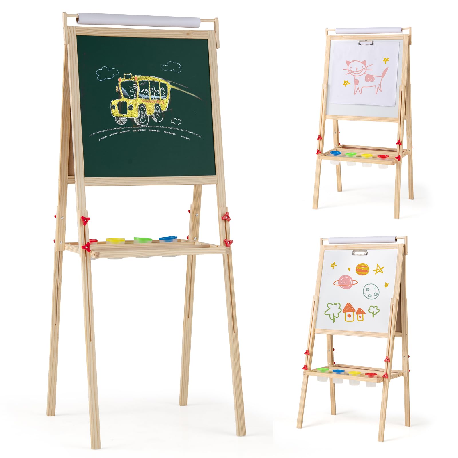 COSTWAY 3 in 1 Cavalletto per Bambini, Cavalletto Doppia Faccia Regolabile con Lavagna Magnetica e Bianca, Rotolo di Carta, 4 Bicchieri per Vernice e Vassoio per Stoccaggio, per Bambini 3-10 Anni