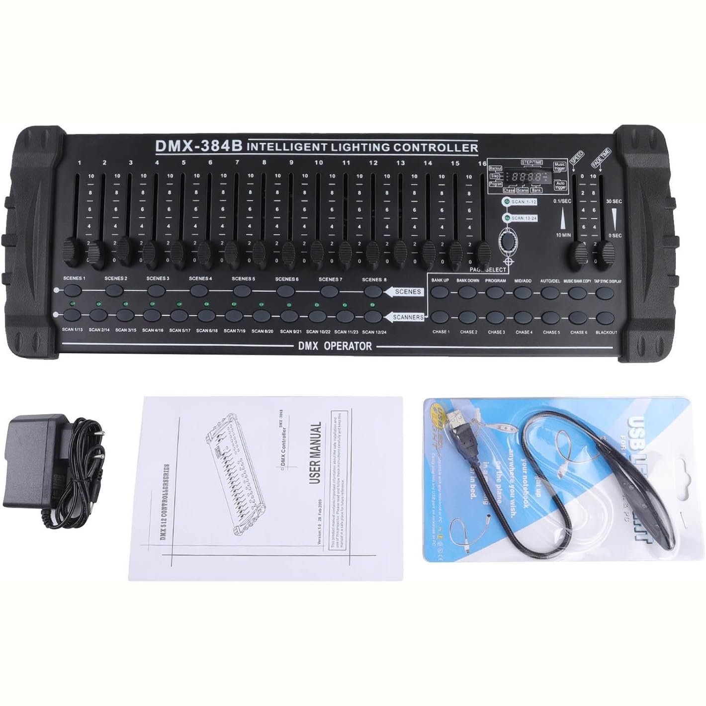 DMX512-Lichtsteuerung, 384 Kanäle DJ-Bühnenlichtsteuerung, unterstützt 30 Bänke, 8 Szenen und 24 Vorrichtungen. Bühnenlichtkonsole zur Programmbearbeitung von DJ-Lichtern in Shows, Bars und Clubs