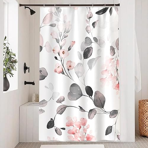 Miniatura 27 de Cortina de ducha con diseño de eucalipto azul acuarela, juego de cortina de ducha pequeña para caravana, impermeable, decoración de baño floral de