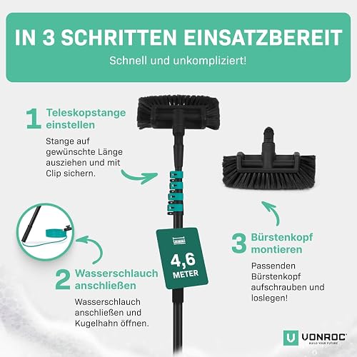VONROC Window Cleaner with Telescopic Rod 4.6 m - Car Wash Brush with Handle, Professional Window Wiper with Washing Brush for Windows, Solar System - Includes Brush, Hose, Soap Dispenser - 4