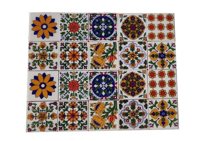 Shiv Kripa Blue Art Pottery Classic Decorative Interior Exterior Flooring Wall Ceramic 2 x 2 inch Tiles Pack of 20 Tiles (Blue,Yellow & Multi)
