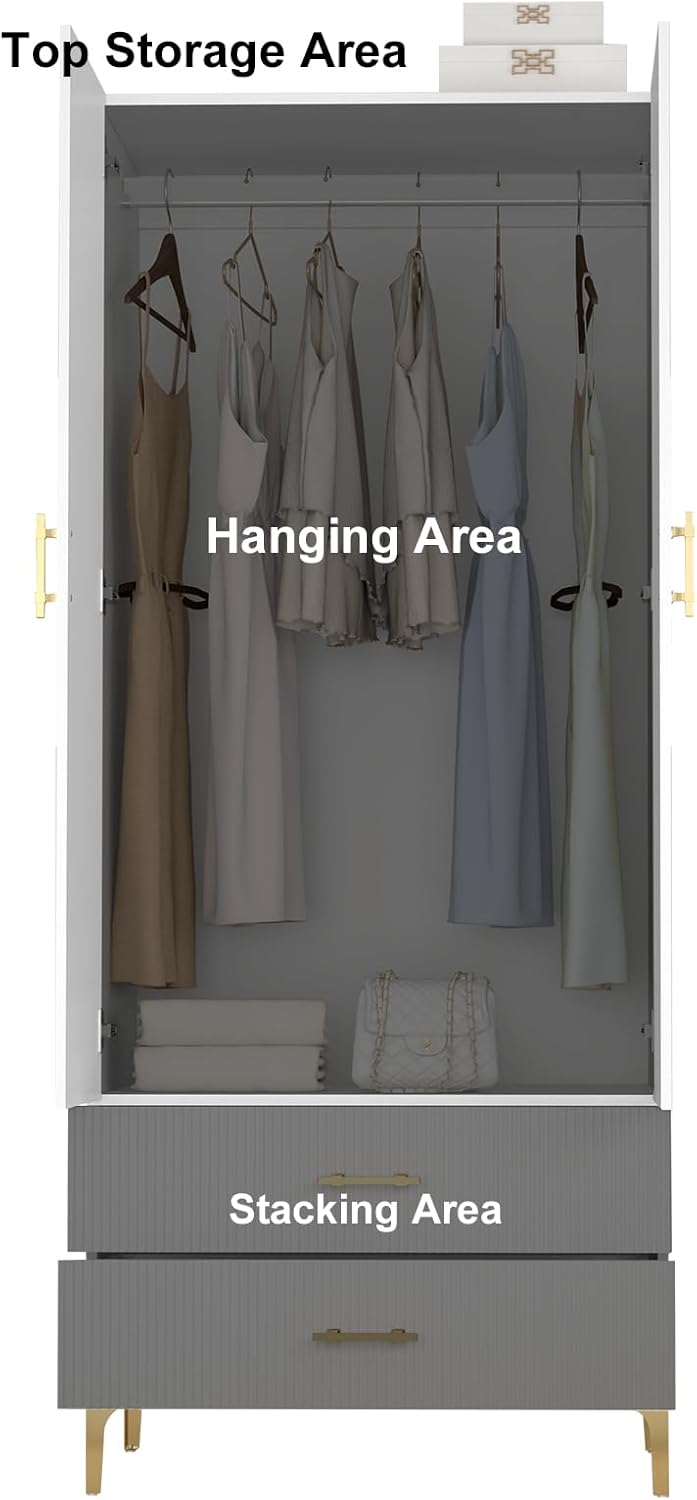 Wardrobe Armoire with 2 Drawers, 2 Doors and Hanging Rods, Twill Wooden Closet Storage with Metal Cabinet Legs, White 20.4" D x 31.5" W x 76.77" H (Right Modern)