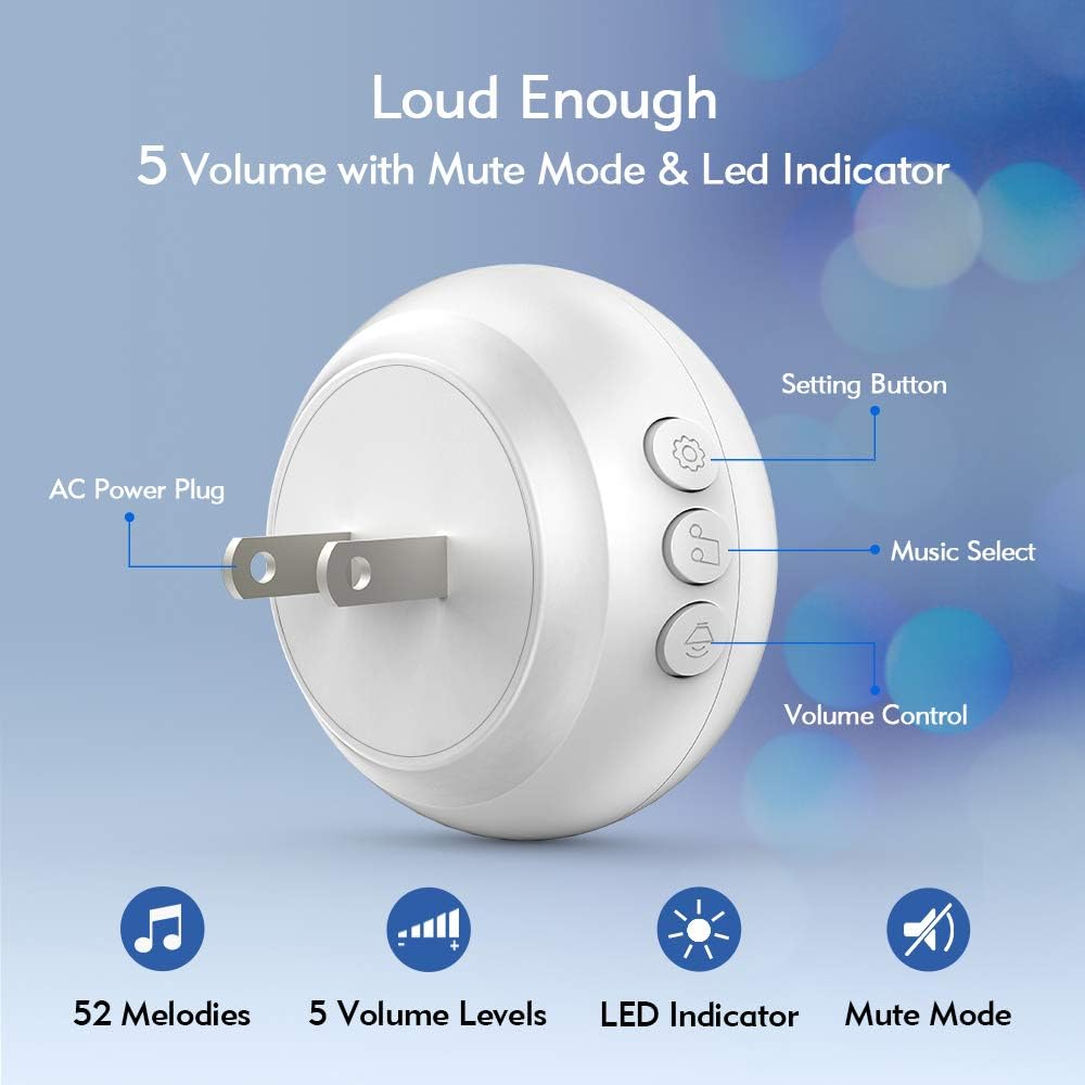 SECRUI Wireless Doorbell, Mini Door Bell Kits Operating at Over 1000 Feet with 5 Volume Levels, Waterproof and dustproof, 32Chimes & LED Flash M523+F55 White - - 