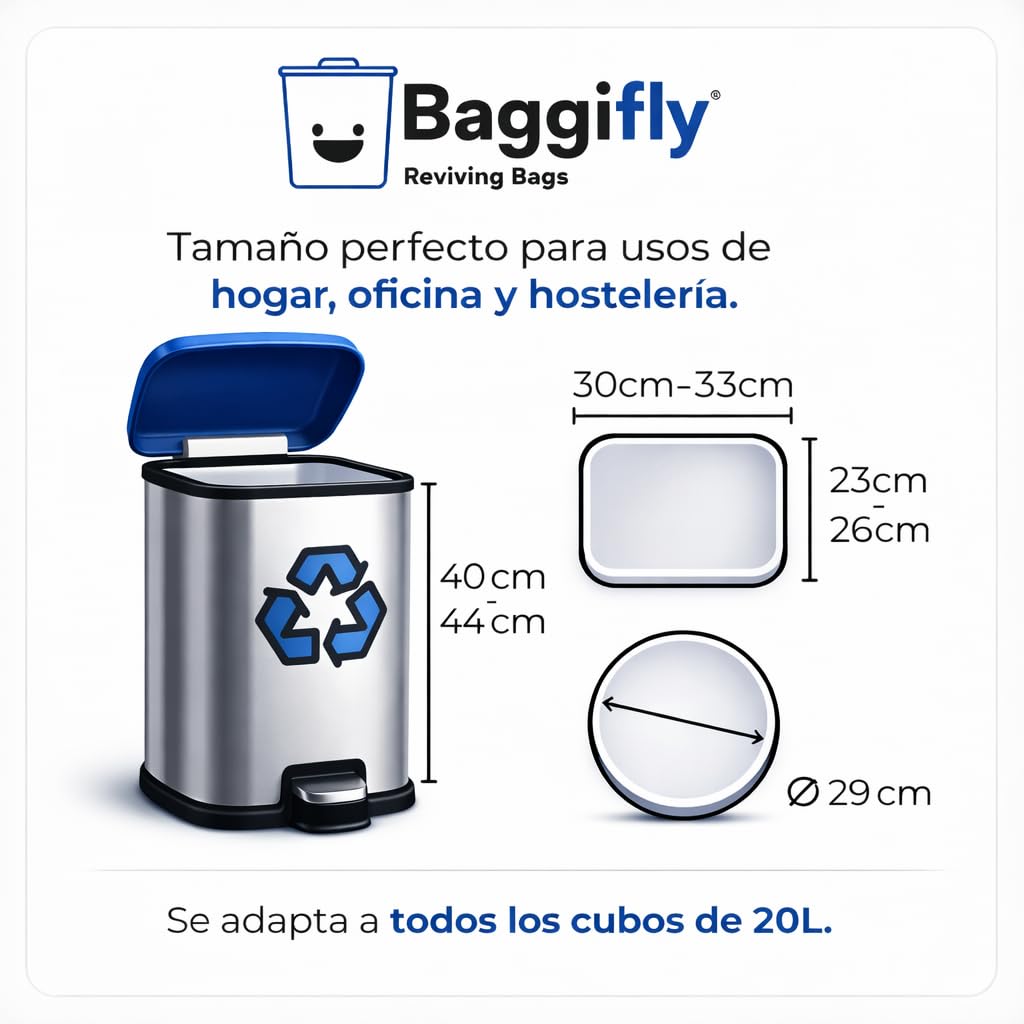 Baggifly, Bolsas de Basura 20L, 200 Bolsas Resistentes, 100% Recicladas, Cierre Fácil, ECO Friendly, Ideal para oficinas, clínicas, hoteles, baños, Maxi Pack 5 x 40, Fabricado en España, Blanco