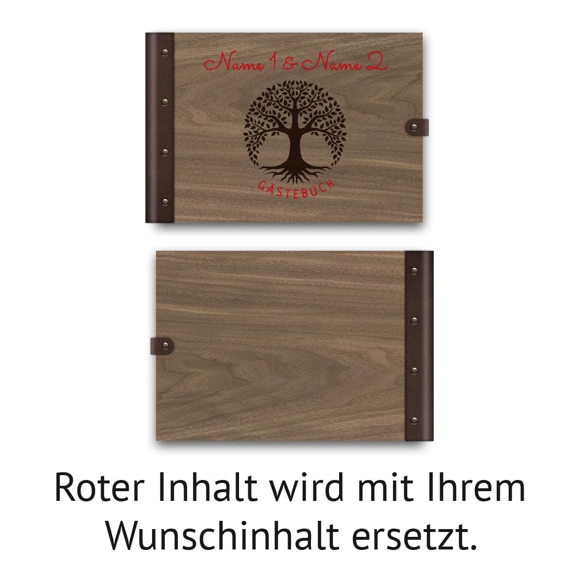 Personalisiertes Hochzeit Gästebuch Nussbaum Holz Gravur individuell Holzcover mit Lederrücken 72 Blatt | 144 Seiten DIN A4 quer 302x215mm - Lebensbaum