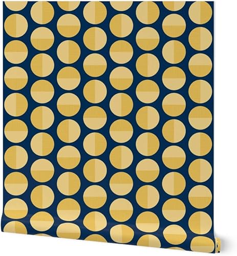 Spoonflower Peel & Stick Wallpaper 3ft x 2ft - Mid Century Circles Midnight Yellow Midcentury Modern Geometric Mustard Custom Removable Wallpaper