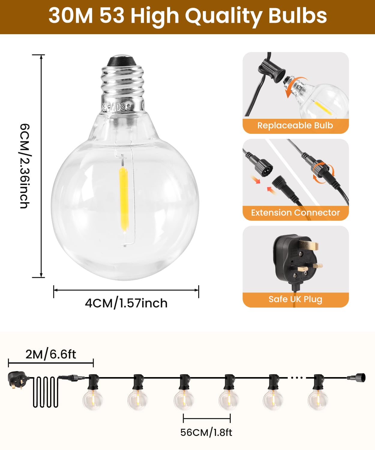 Festoon Lights Outdoor, 100FT/30M Waterproof Garden Lights Outdoor String Lights with 50+3 Shatterproof LED Plastic Bulbs - Image 4